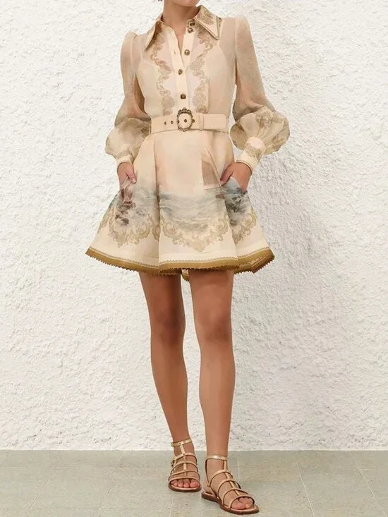 Agua by Agua Bendita Cream Seascape & Floral Embroidered Belted Mini Dress - Picture 2 of 10